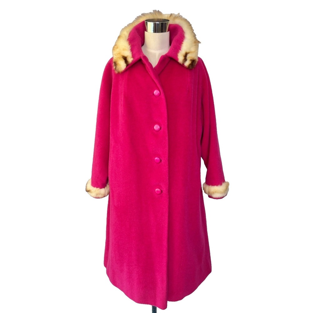 Vintage 60s Cranberry Pink Princess Swing Coat Mink Fur Collar Sz M Union Made